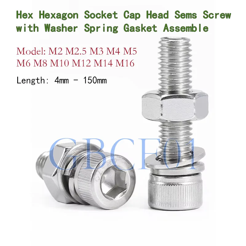 Hex Hexagon Socket Cap Head Sems Screw with Washer Spring Gasket Assemble Stainless Steel Bolt M2-M16 Large Full Extension Screw