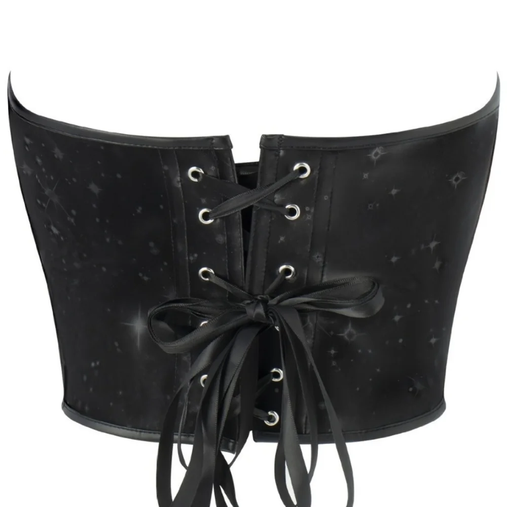 Women's Strapless Heart Neck Starry Print Corset Bustier Top Gothic Y2K Club Party Waist Cincher Pointed Hem Back Lace-Up
