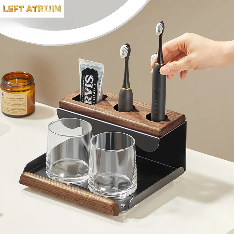 Walnut Electric Toothbrush Holder Bathroom Vanity Top Tooth Cup Toothpaste Mouthwash Cup Organiser