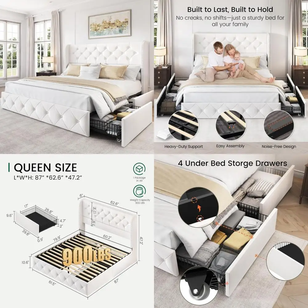 Velvet Wingback Headboard Platform Bed Frame with 4 Storage Drawers and Wooden Tufted Design