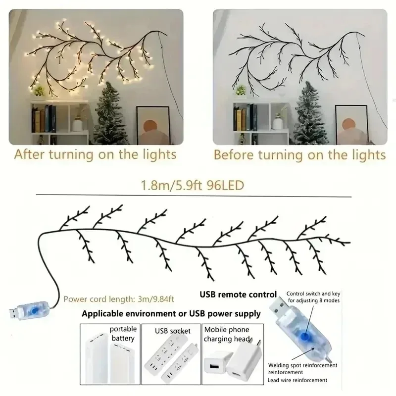 96LED String Lights Tree Branch Lamp For Desktop Wall Decoration USB Powered DIY Festive Tree Vine Light Home Decoration Lights