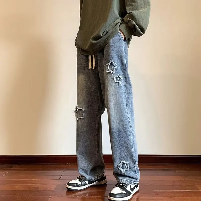 

Men's American High Street Baggy Straight Jeans Loose Straight Wide Leg Casual Denim Pants Male Trousers