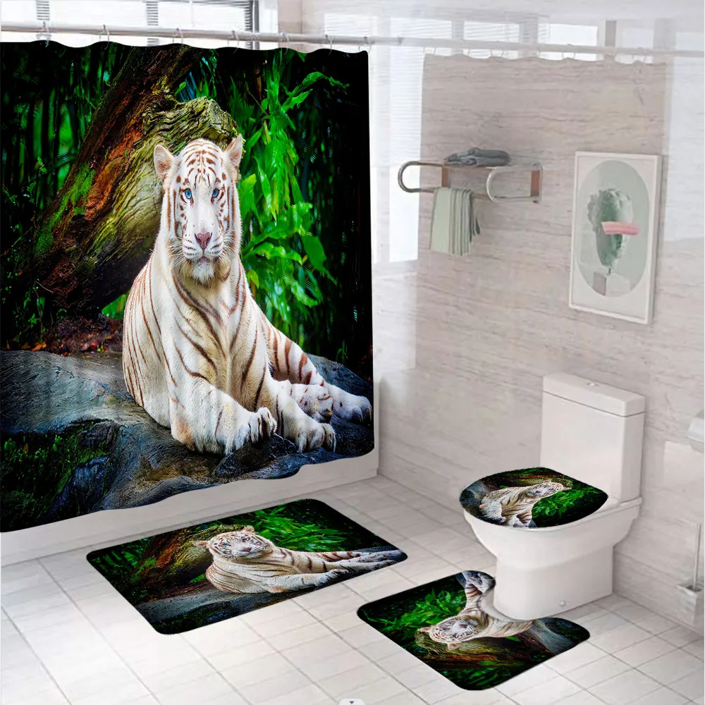 

Rainforest Tiger Shower Curtain Set Tropical Animal Landscape Bathroom Curtains Non-Slip Bath Mat Pedestal Rug Lid Toilet Covers