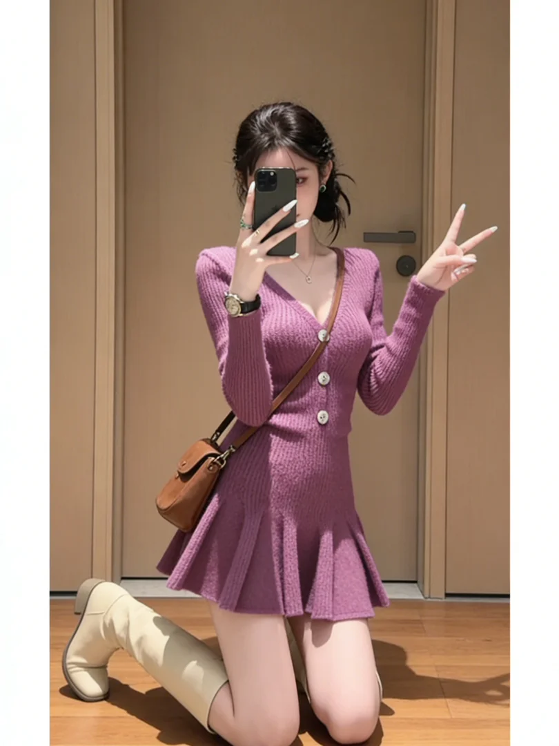 

Early Autumn Korean Sle Knitted Dr Beautiful Unique Purple High Waist A-Line Long Sve V-Ne Casual Sisterly Faion