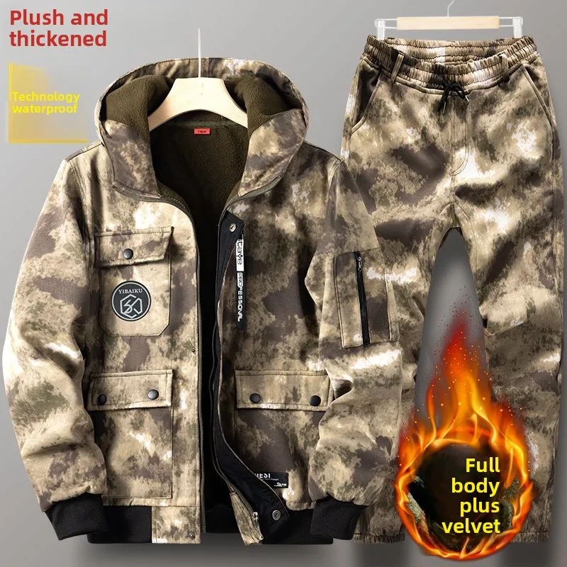 Autumn Winter 2025 Men's Thick Workwear Waterproof Wear-Resistant Thick Fleece Clothing Windproof Military Tactics Jacket Set