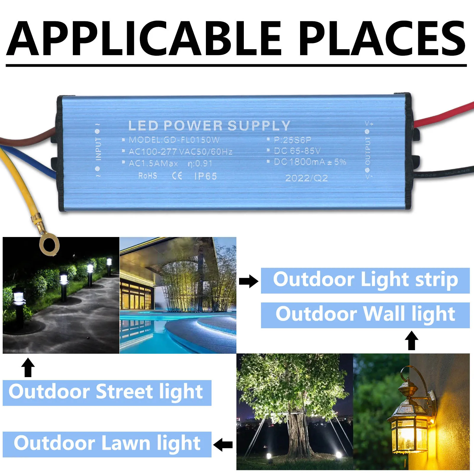 Imagem -05 - Driver de Lâmpada Led Ac100265v Transformadores de Iluminação para Luz Externa Dc6585v Unidade de Fonte de Alimentação Ip65 Diy Alta Qualidade 150w 1800ma