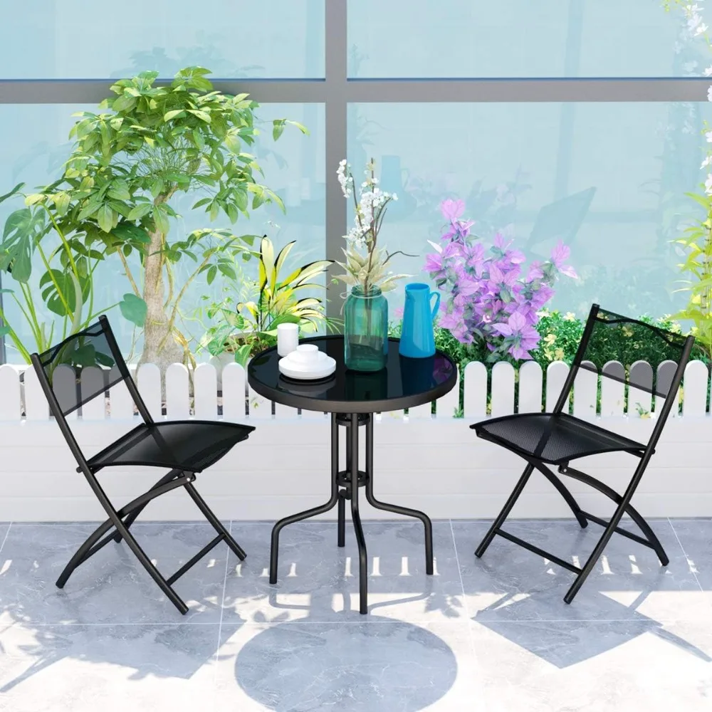 3 Pcs Bistro Set Garden Backyard Round Table Folding Chairs, with Rust-Proof Steel Frames & Reinforced Glass Design Outdoor