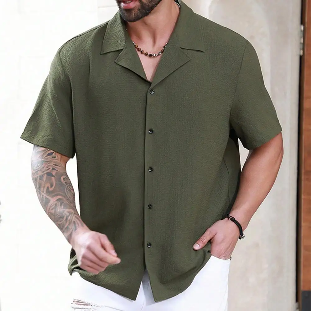 

2025 New Cotton Men's Short-Sleeved Shirts Summer Solid Color Turn-down Collar Casual Beach Style Large Size For Vacation Work