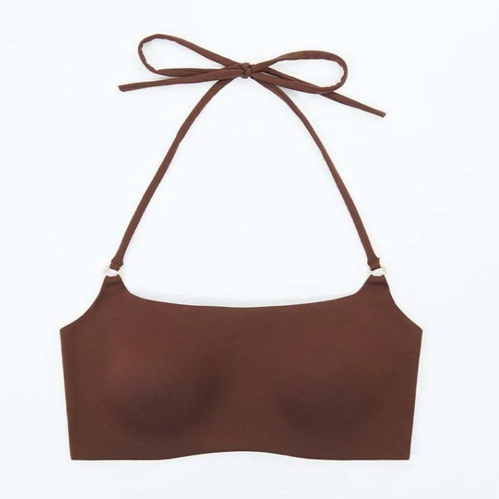 Dünner Schulterriemen, Neckholder-BH ohne Bügel, stoßfester BH für Damen, nahtloser Push-Up-BH mit Bruststraffung. – Detail 7