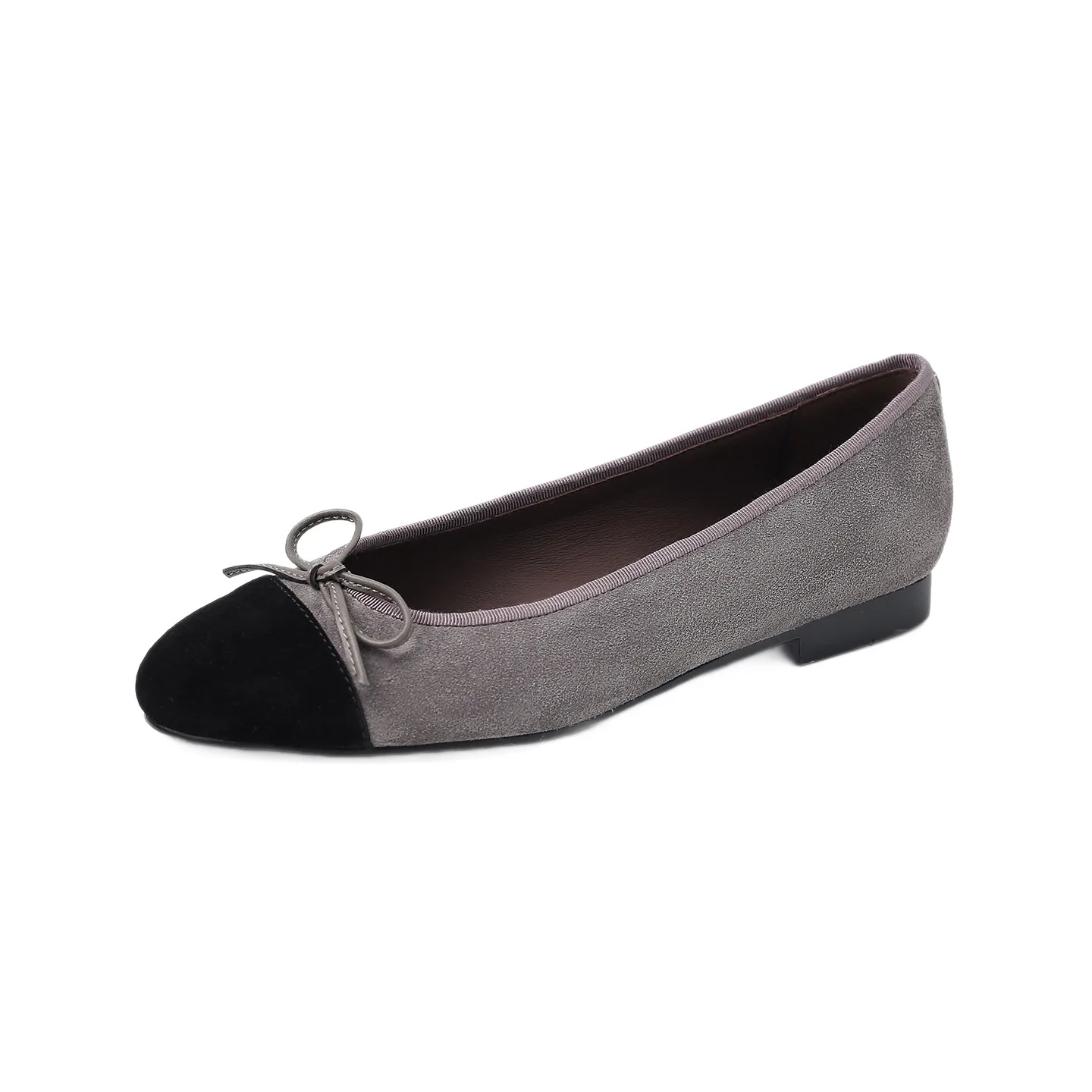 Frühlings-Neuheit: Ballerinas aus Kuhvelours mit Farbkombination ~ runde Schleife, leichter Schnitt, Slip-On-Einzelschuhe in großen Größen