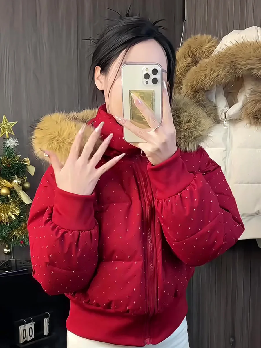 Casaco de Inverno Feminino Coreano com Gola de Pele Vermelha, Quente, Elegante e Ajustado, com Capuz Destacável