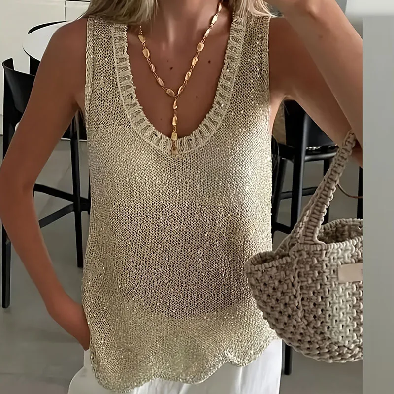 Mulheres sexy u pescoço lantejoulas camisa de festa 2025 primavera sólida ver através oco topo pulôver 2025 verão sem mangas solto tanque camiseta