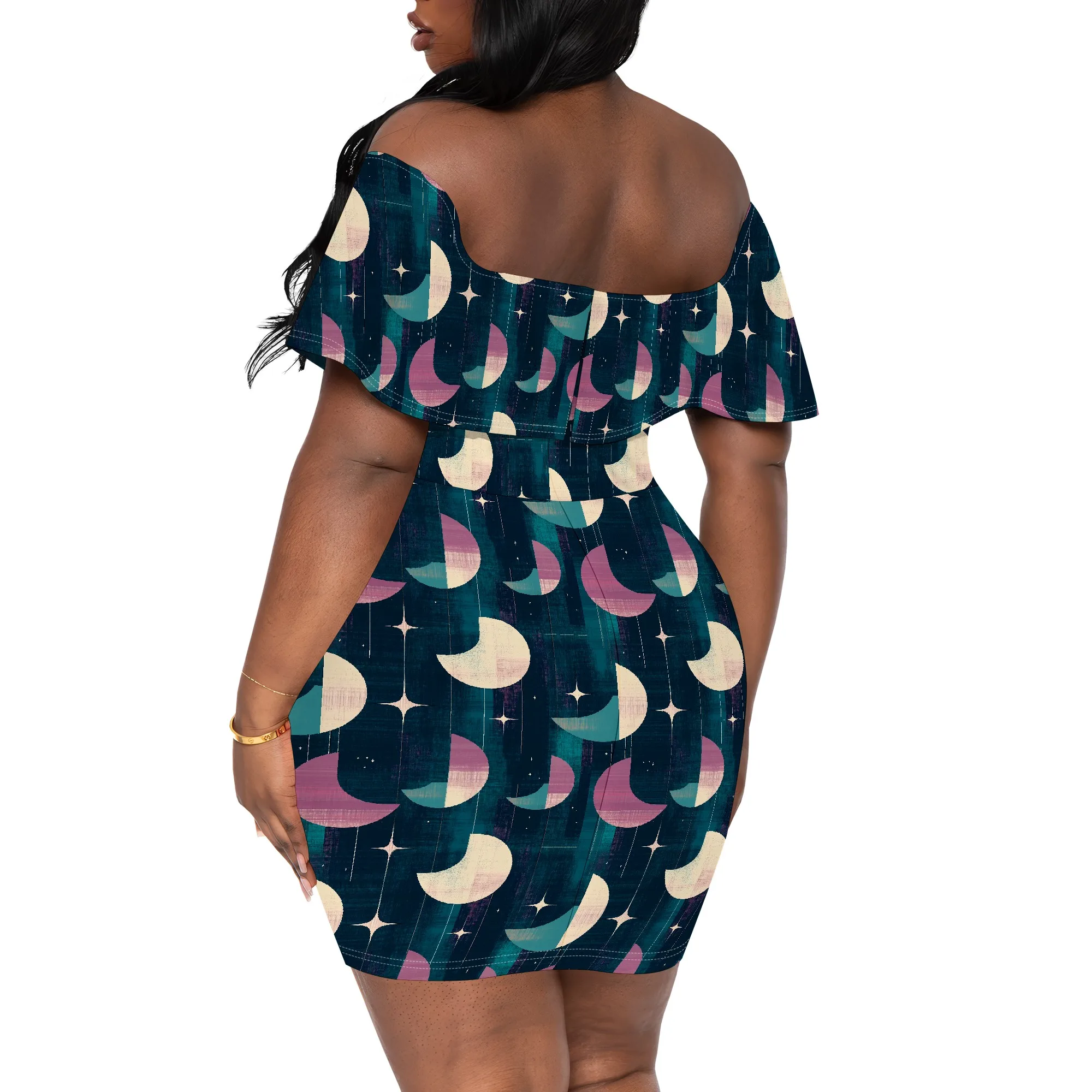 Celestial Moon Star Print Dress Women's Off Shoulder Summer Bodycon Night Party Outfit S-3XL