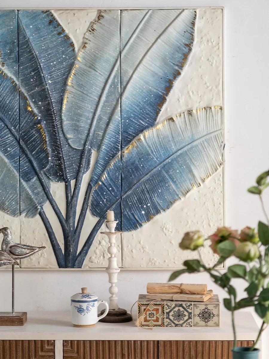 Iron Wall Decor: Blue-Toned Banana Leaves with Gold Accents