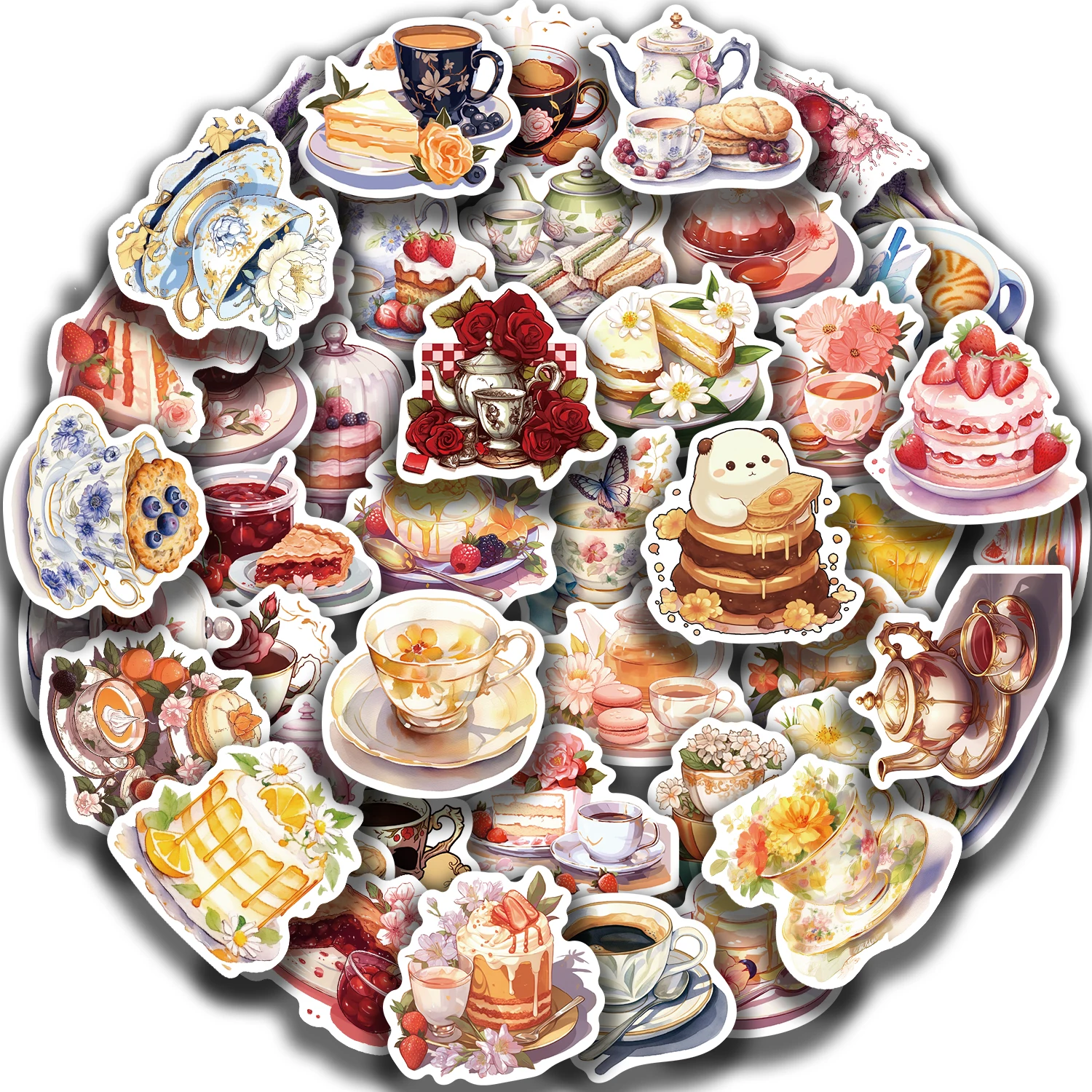 50pcs Cartoon Aesthetic Afternoon Tea Cake Stickers For Laptop Water Bottle Luggage Notebook Waterproof Graffiti Vinyl Decal﻿