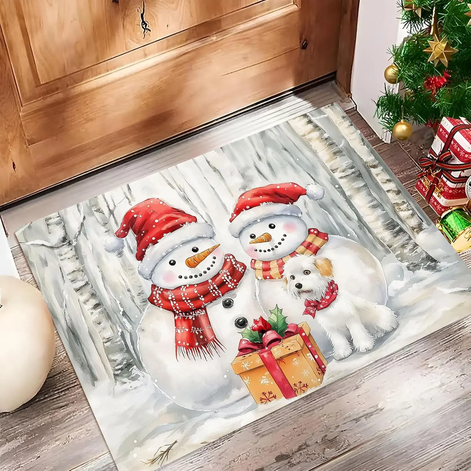 White Christmas Welcome Doormat,Red Scarf Snowman Element Home Decor Low-Profile Switch Rug Door Mat Floor Mat Indoor Outdoor