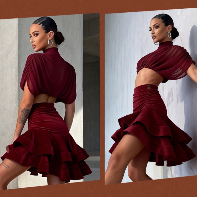 

2026 New Latin Dance Dress Wear Mesh Short Top Double-layer Fishbone Velvet Skirt For Women's Competition Waltz Dance Dress
