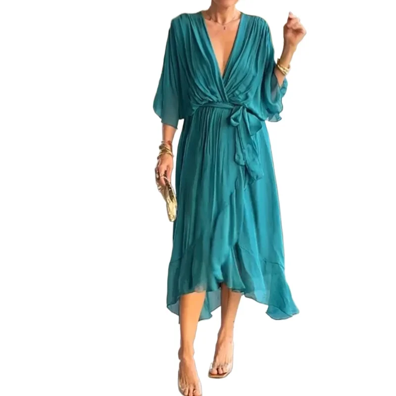 Women\'s Elegant Solid Chiffon Lace-up Bat Sleeve Long Dresses 2025 Spring Summer New Female Loose Casual Irregular V-neck Dress