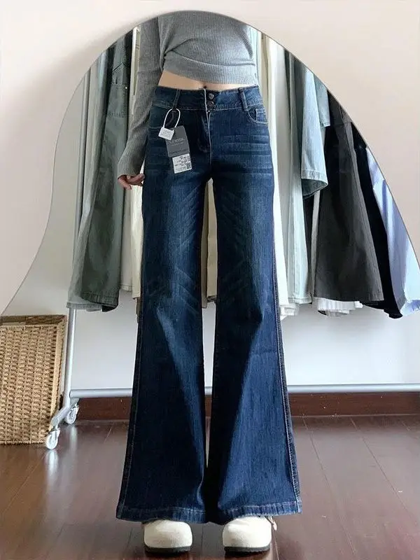 

American Style Deep Blue High Waist Bell Bottom Jeans Women's Small Size Elastic Slimming Wide Leg Pants Casual Cotton Stretc...