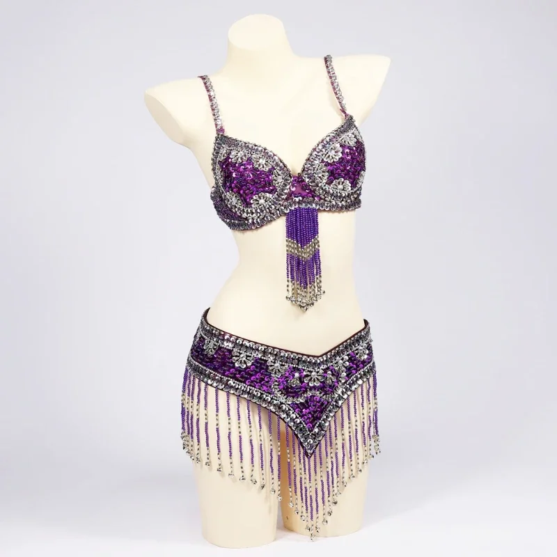 Soutien-gorge perlé à sequins et ceinture pour femme, costume de performance de danse, diamant aquatique, style financier, 2 pièces