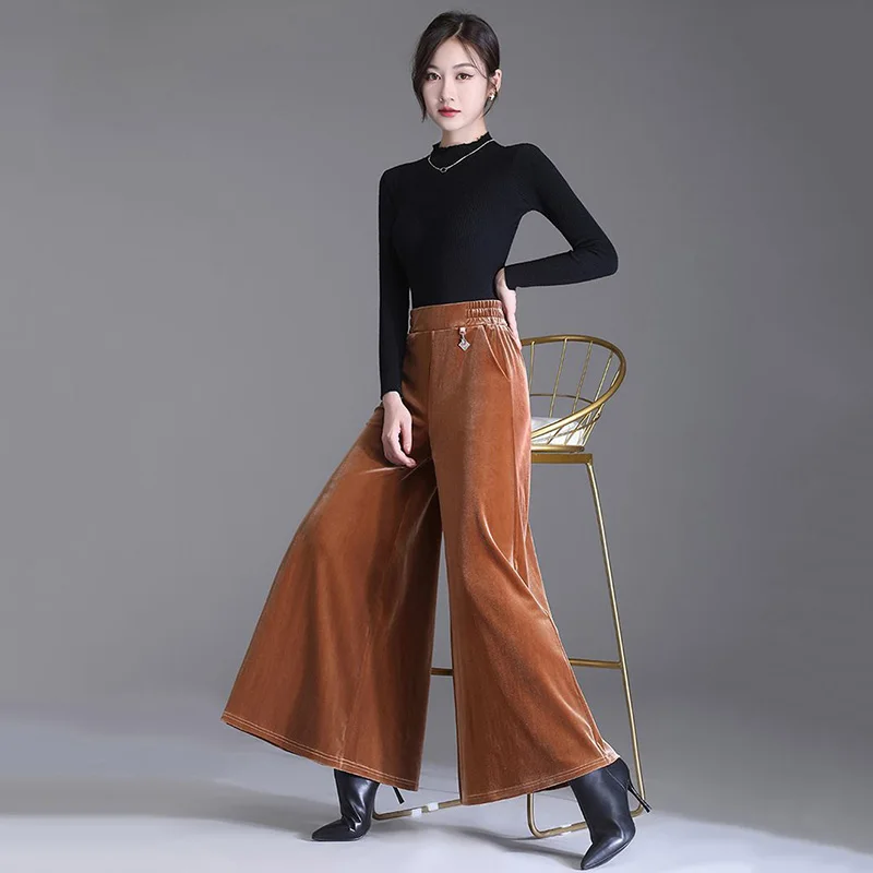 Gold Velvet Dress Pants Female Large Size Autumn And Winter New Korean Fashion Celebrity Style Nine-point Flared Wide Leg Pants