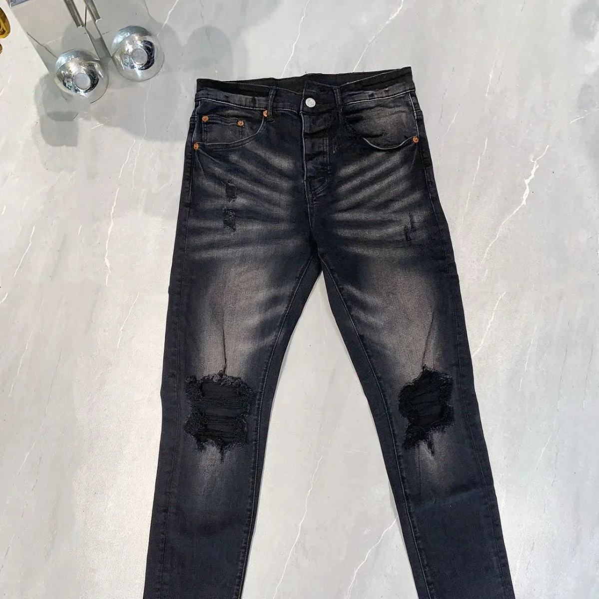 

2024 High-Quality Men's Denim Jeans Destroy Paint Faded Distressed Slim-Fit Vintage Dirty Ripped Mid RiseBlack Ripped Holes