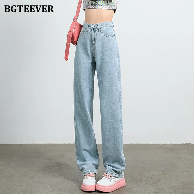 BGTEEVER Casual Loose Pockets Women Long Jeans Fashion High Wasit Ladies Denim Trousers Autumn Cotton Denim Pants Female