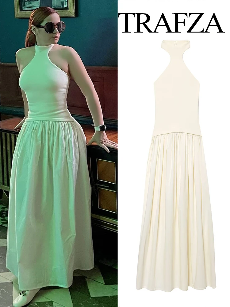 

TRAFZA Women's Summer Fashion Elastic Spliced ​​Halter Neck Collar Dress Female High Waist Slim Backless Long Sleeveless Dress