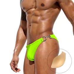 Metal Lock Sexy Mens Pouch Pad Swimwear Summer Beach Quick Release Swim Briefs Low Waist Bikini Trunks Nylon Sport Bathing Suit