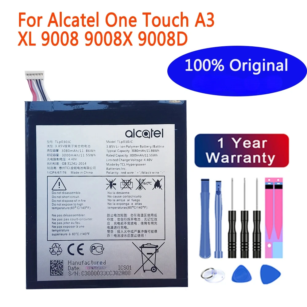

100% Original 3000mAh TLP030JC Phone Battery For Alcatel One Touch A3 XL 9008 9008X 9008D High Quality Replacement Batteries