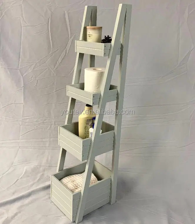 4-tier Ladder Shelf Wooden Storage Corner Rack for Bathroom and Living Room