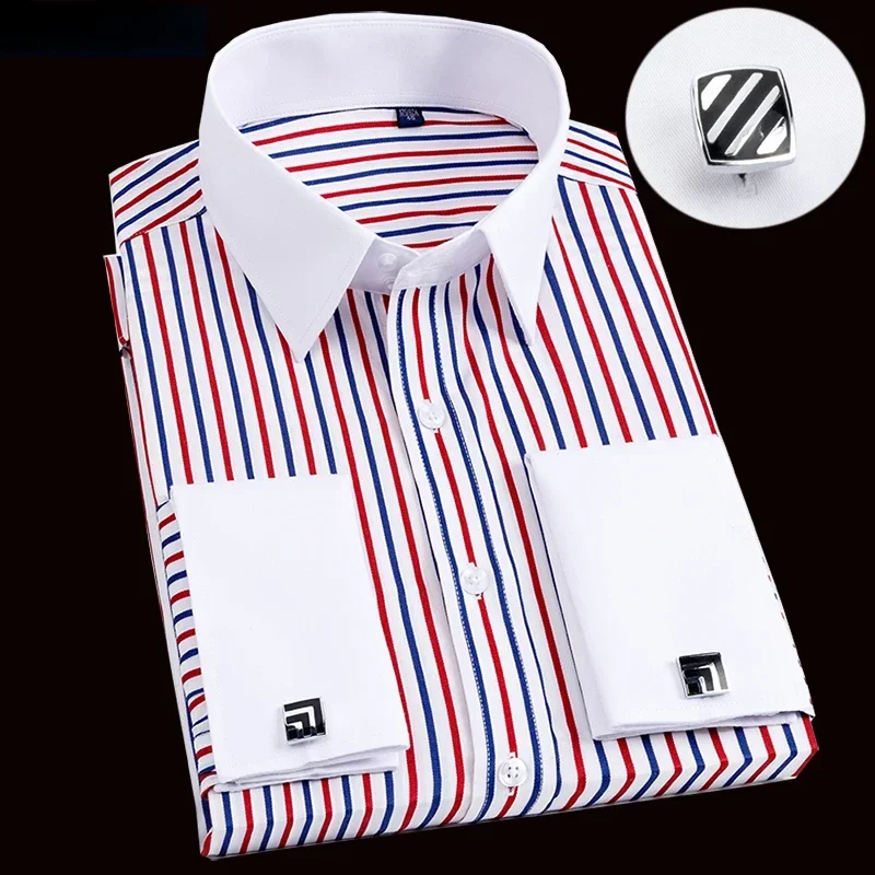 Men's French cufflink shirt long sleeved spring style multi-color collar high collar slim fit collar formal striped shirt