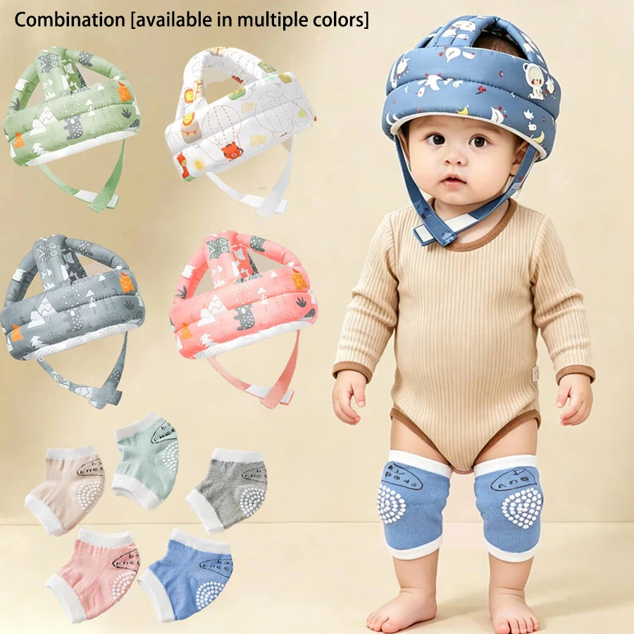 2-teiliges Set: Baby-Kopfschutzkappe + Baby-Knieschoner, in verschiedenen Farben erhältlich, Baby-Lauflern-Kopfschutz-Kombi-Set, Cartoon-Druck, verstellbares, sturz- und stoßfestes, weiches Kopfschutzpolster für Kleink – Detail 1