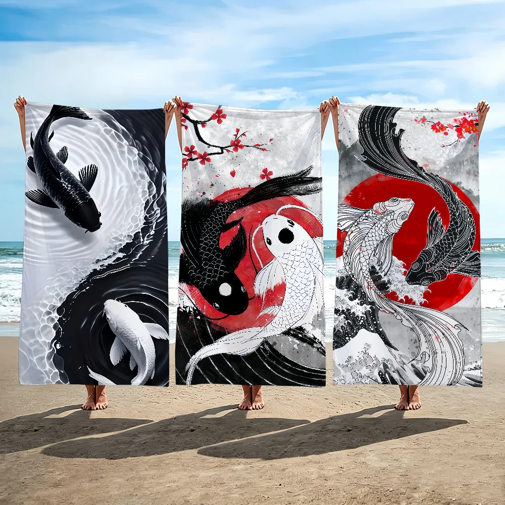 

Black White Fish Towel Beach Shower Bath Travel Lightweight Skin Friendly for Pool Camping Cruise Summer