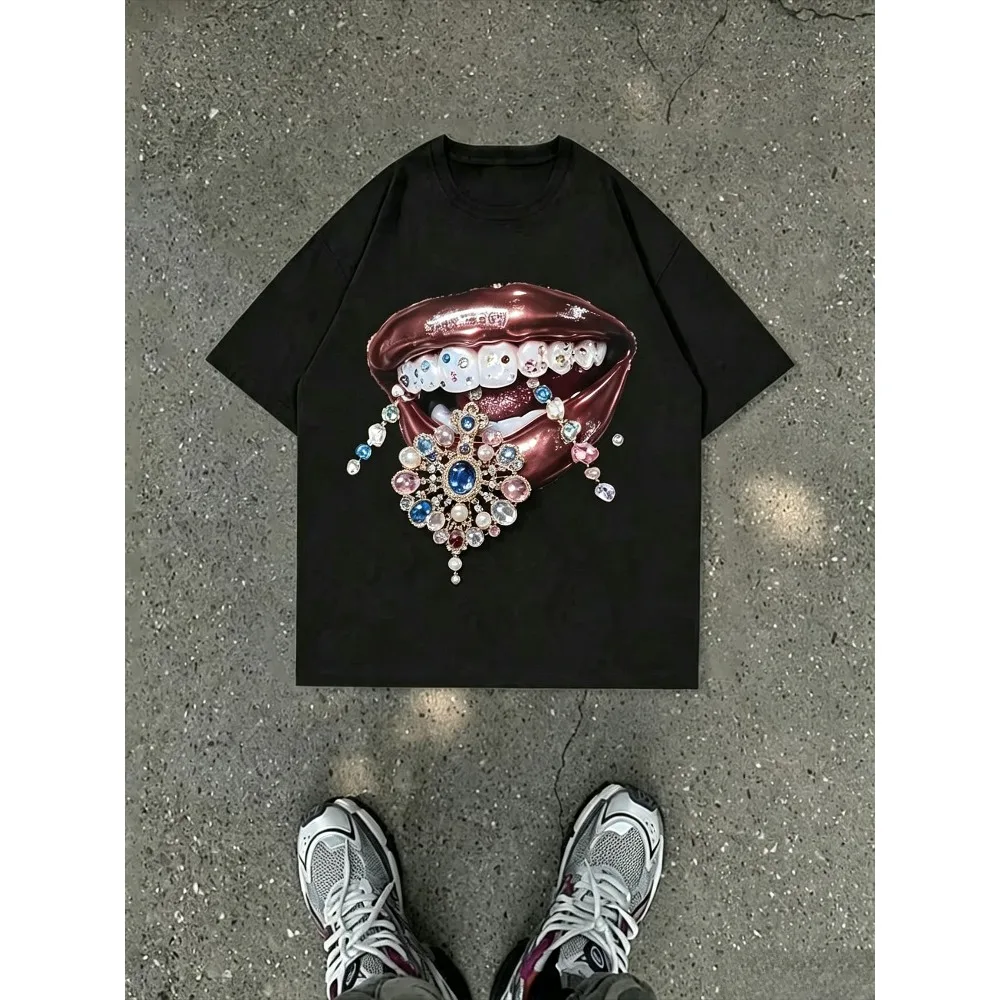 Gem Jewel Lips Grillz Graphic Men T-Shirt Vintage Hip Hop Urban Casual Short Sleeve Streetwear Tops