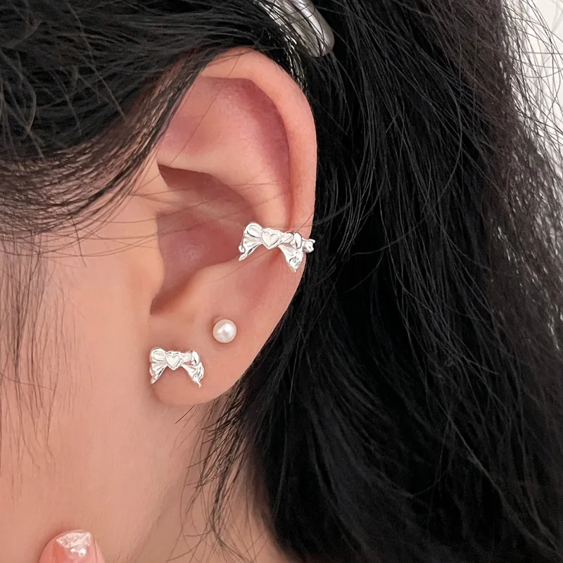 Vent fille 925 Sterling Silber Bogen Knoten Ohrclip für Frauen Mädchen Liebe Herz unregelmäßige Textur süßen Schmuck Geschenk Drops hipping