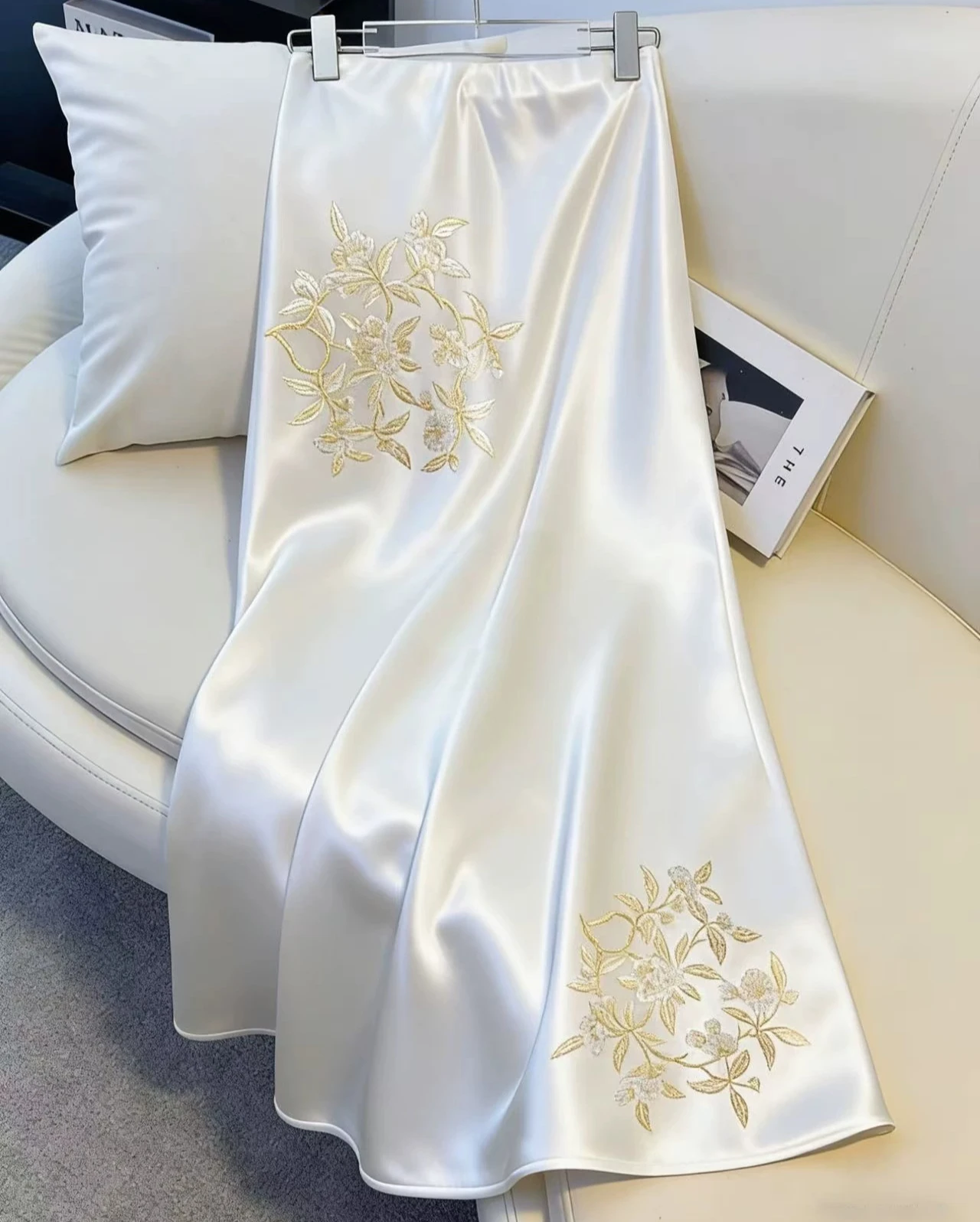 2026 Spring Summer Women Imitation Silk Embroidery Floral Butterfly Beige Skirt , Woman Elegant Long Skirts