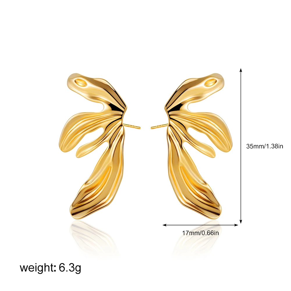Vintage Stainless Steel Lily Leaves Stud Earrings for Women Irregular Texture Gold Color Wings Metal Chic Waterproof Jewelry