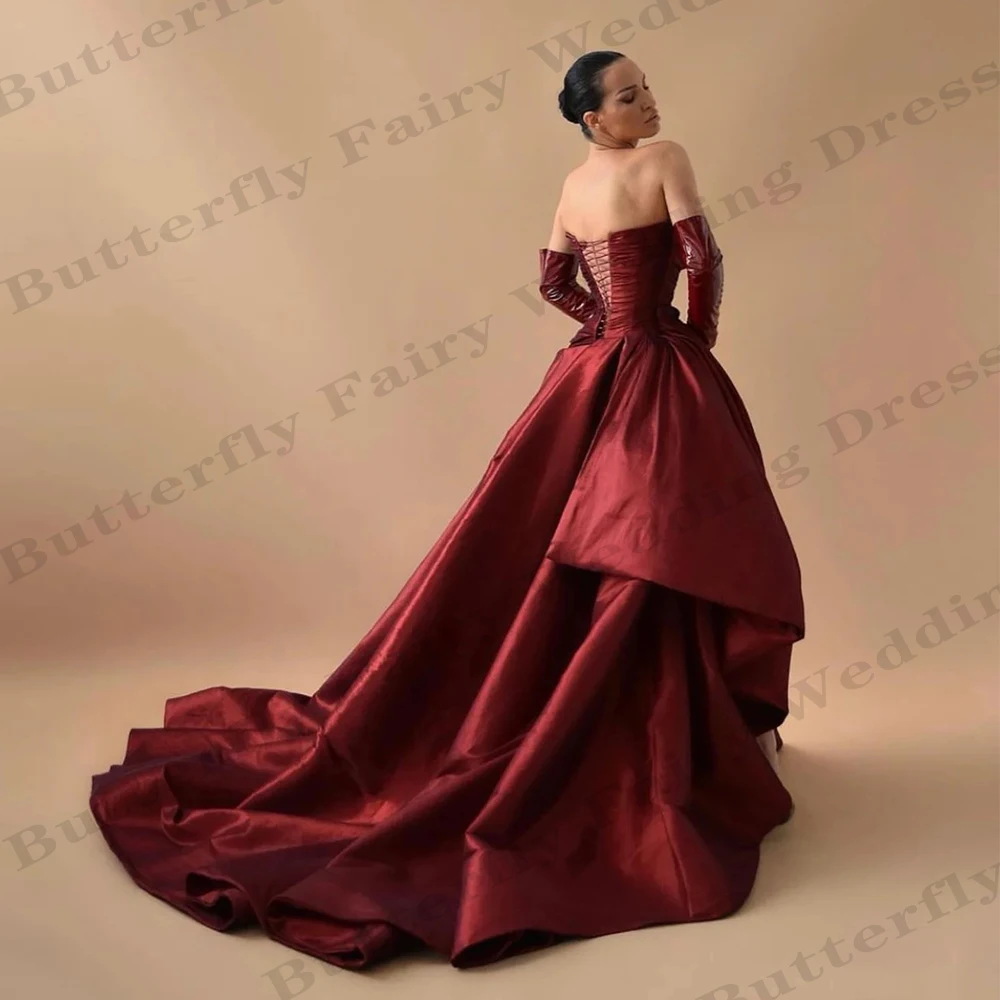 Gorgeous Women's Wine Red Evening Dresses Satin Pleated A-Line Princess Prom Gowns Fashion Celebrity Formal Party Without Gloves