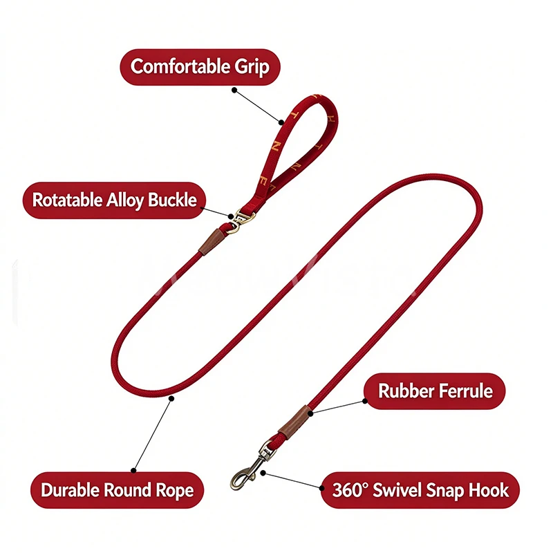 Wear Resistant Rope Dog Leash Comfortable Soft Handle 360° Swivel Snap Hook Anti-Tangle Pet Walking Lead for Daily Walking