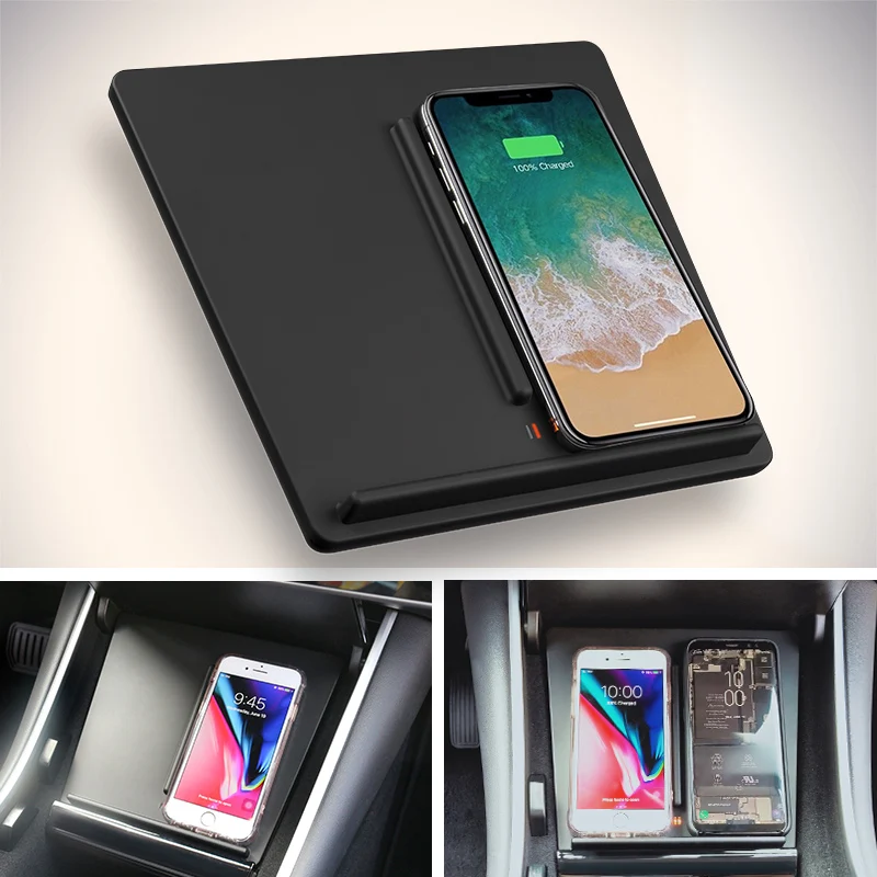 

QI Wireless Charger 10W Fast Dual Phone Charging Holder For Tesla model 3 2017-2020 ABS Fast Wireless Phone Charger USB Pad