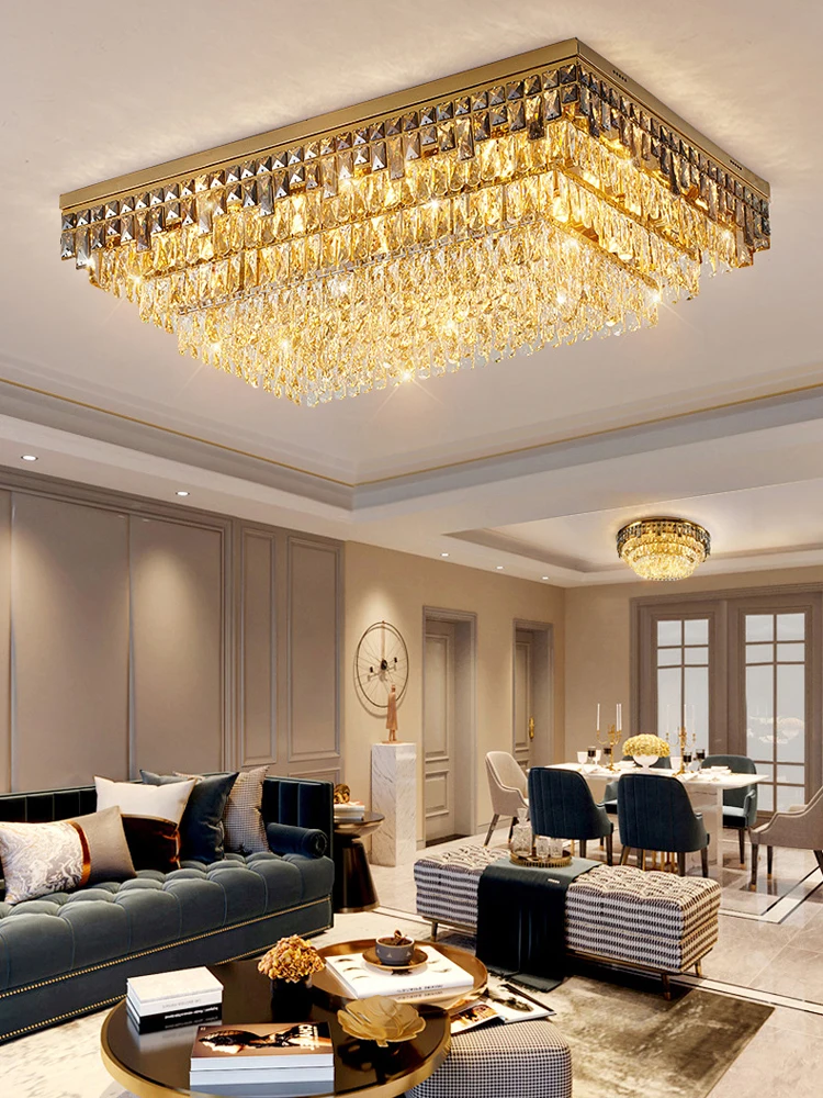 2024 Trendy K9 Crystal Rectangualr Round Gold Chrome Lamparas De Techo Ceiling Chandelier Ceiling Lamp For Living Room