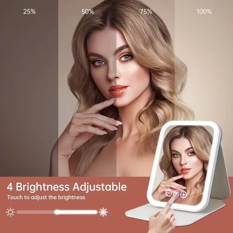 Travel Makeup Mirror, Portable LED Lighted Folding Mirror, 3 Colors Dimming Lighting, Rechargeable Tabletop Vanity Mirror White
