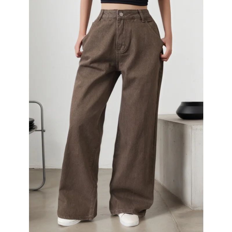 

Женские темно-коричневые джинсы, повседневные, модные, универсальные, простые, свободные, прямые, длинные, из денима, в корейском стиле, для повседневной носки