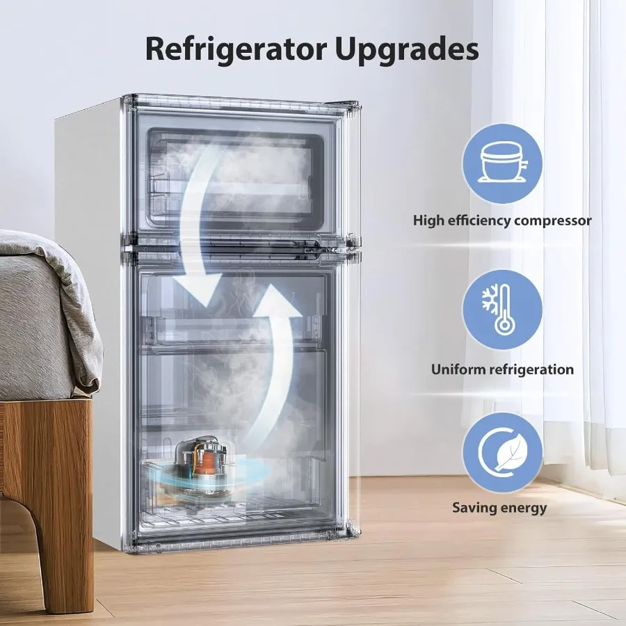 Compact Mini Fridge with Freezer 3.2 Cu.Ft Double Door Design for Home Kitchen Dorm Apartment - Adjustable Temperature Control