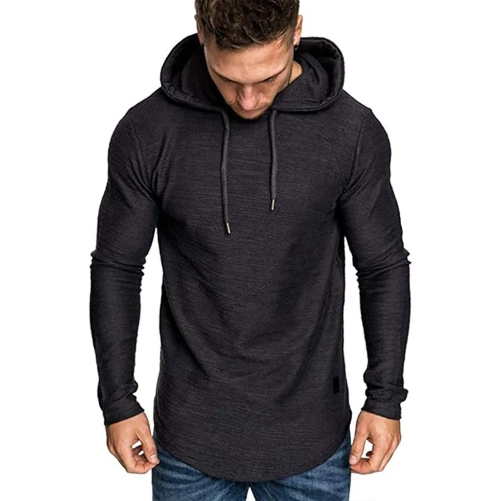 Herren-Langarm-T-Shirt mit Kapuze, Kordelzug, Baumwolle, lässig, gemütlich, einfarbig, schmale Passform, für Herren, Sport, Fitness, atmungsaktiv – Detail 12