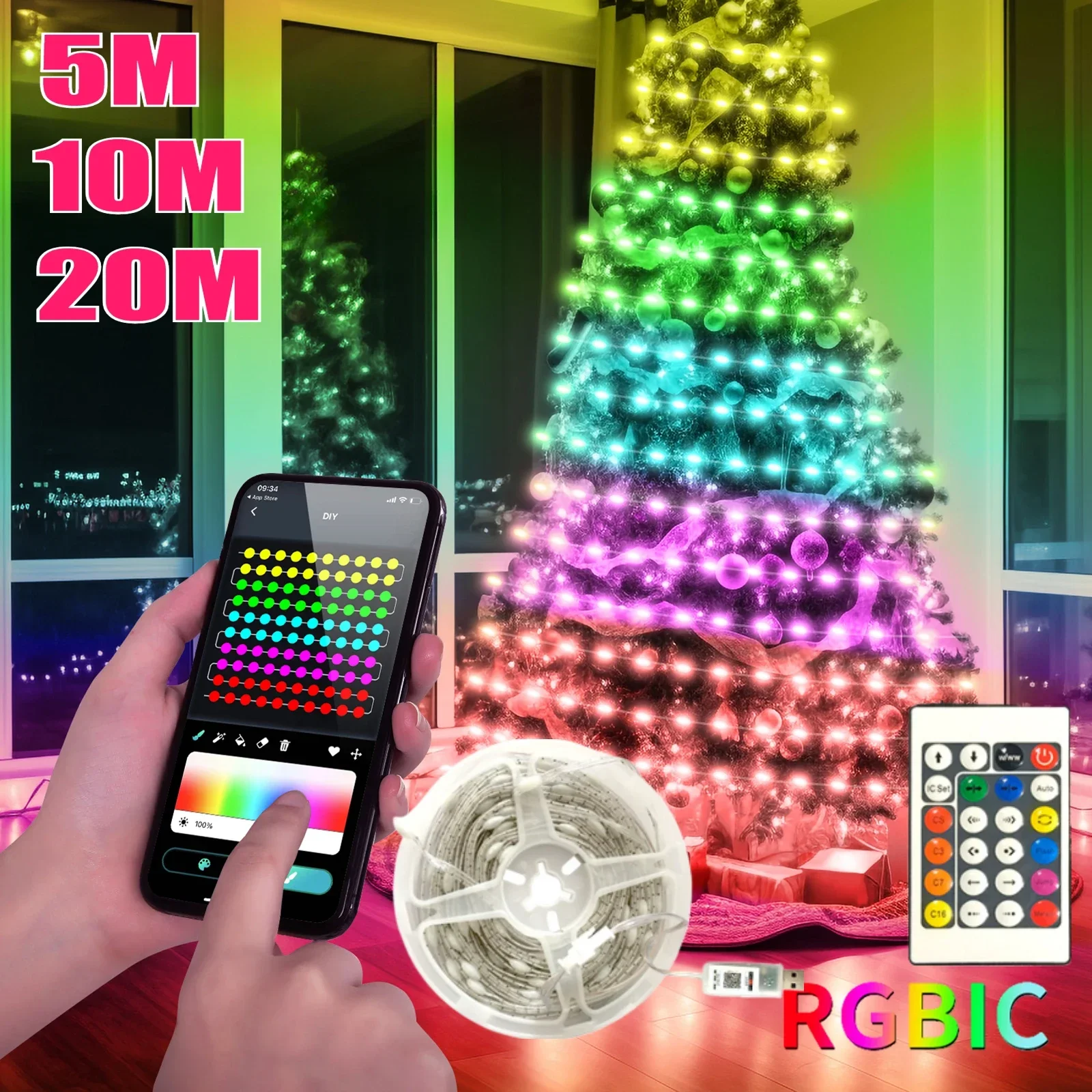 Multicolour 5M 10M 20M LED Christmas Lights Fairy String Light USB 5V Bluetooth Music APP DIY Lights Garland Christmas Decor