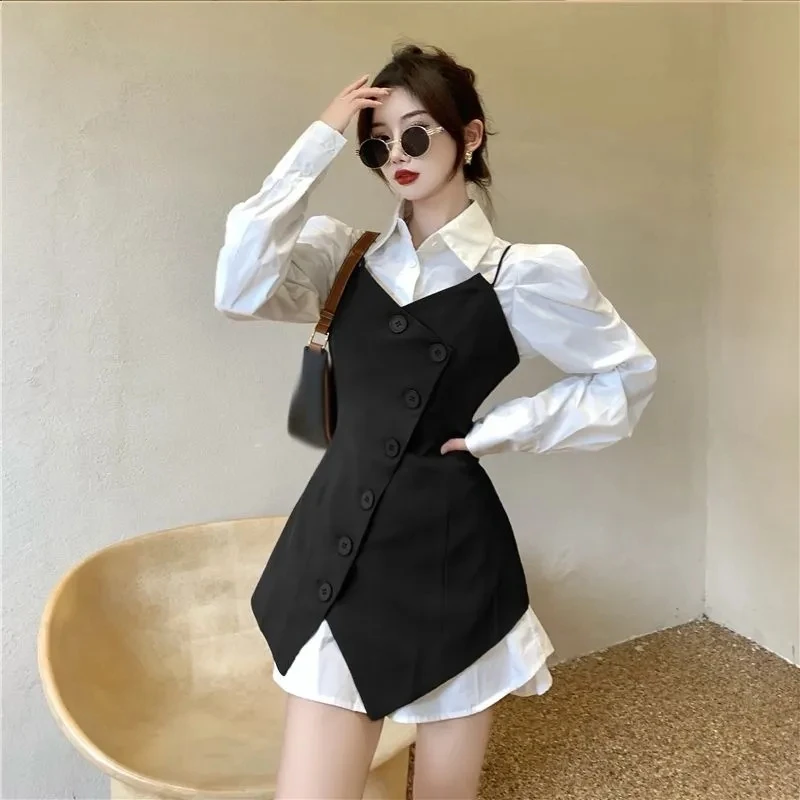 Autumn Women Solid Color Waistcoat Coat Design Sense Niche Lady Irregular Two-piece Set 2025 Female Medium Long Styles Vest 2PCS