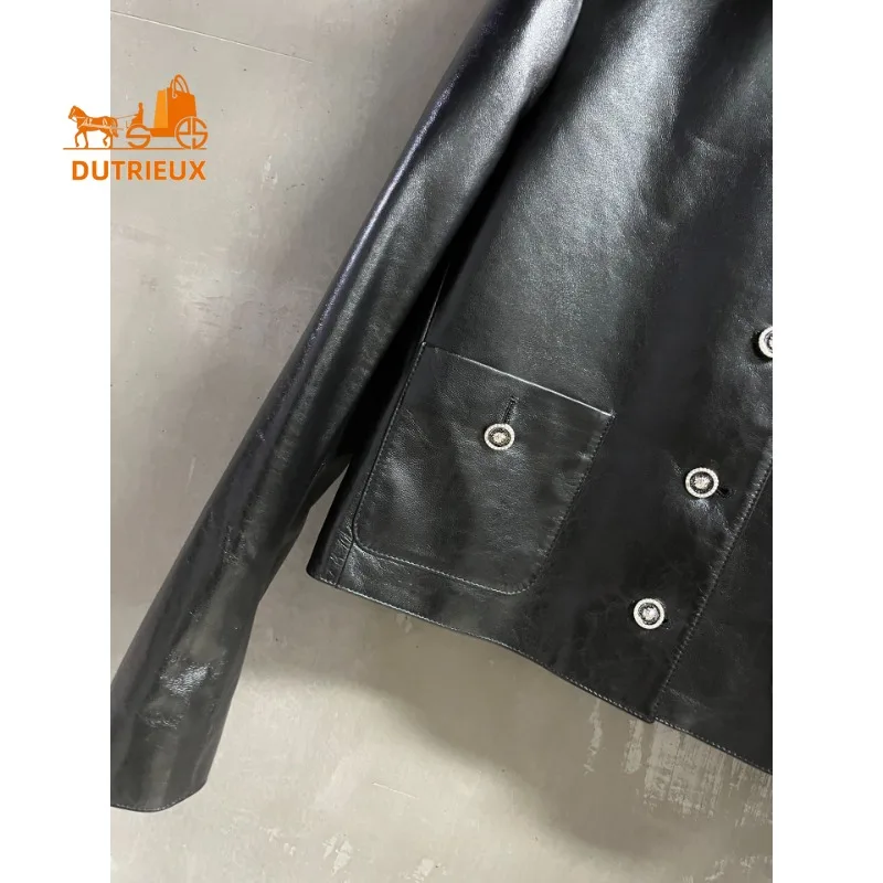 2025 Winter Leather Jacket Short Stand Collar Pockets Solid Color, 100% Genuine Sheepskin Shiny Fashion Temperament Women's Coat