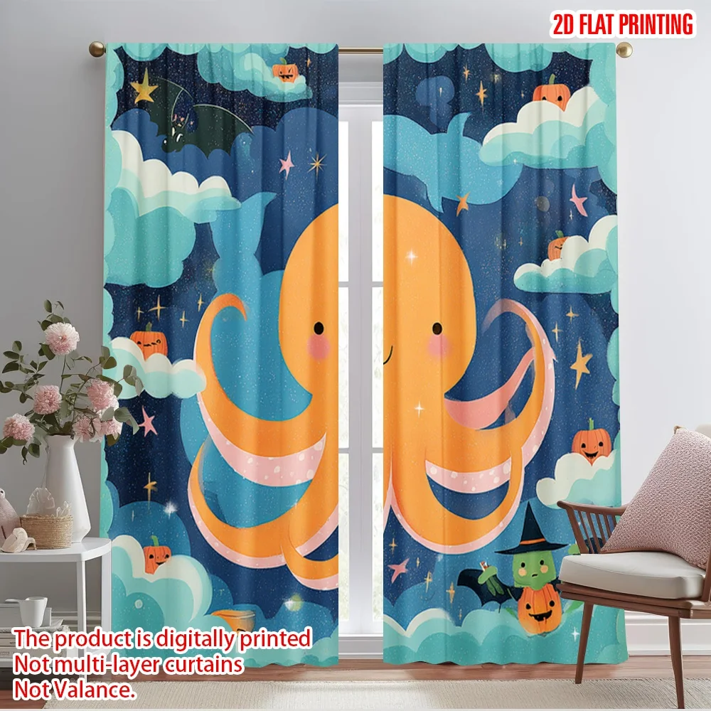 

2 шт. 2D плоские шторы с принтом, милые осьминоги, кит, галактика, Хэллоуин, полиэстер без электричества, всесезонные вечерние и праздничные